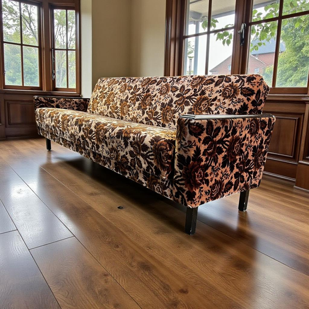 Vintage bruin gebloemde zetel / canapé / slaapbank, Antiek en Kunst, Antiek | Meubels | Stoelen en Sofa's, Ophalen of Verzenden