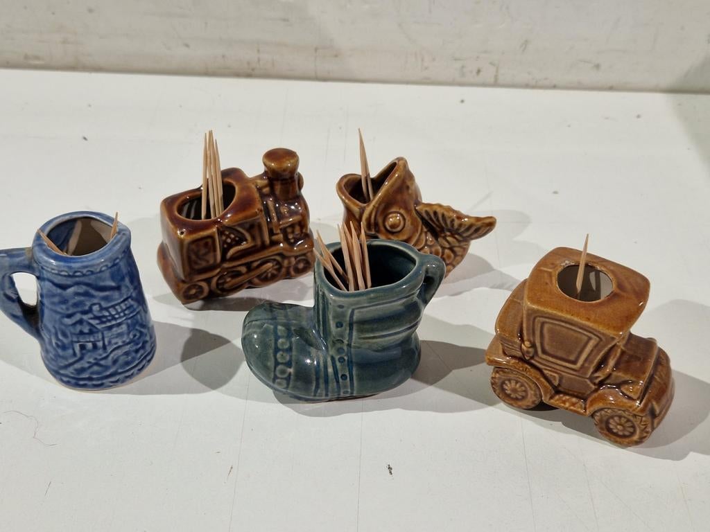 Set van 5 verschillende vintage tandenstokers houder , vis a, Antiek en Kunst, Ophalen of Verzenden