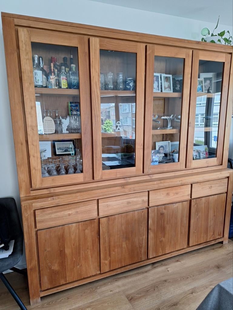 4-deurs vitrinekast van massief teakhout, Huis en Inrichting, Kasten | Buffetkasten, Ophalen, Zo goed als nieuw, Teakhout