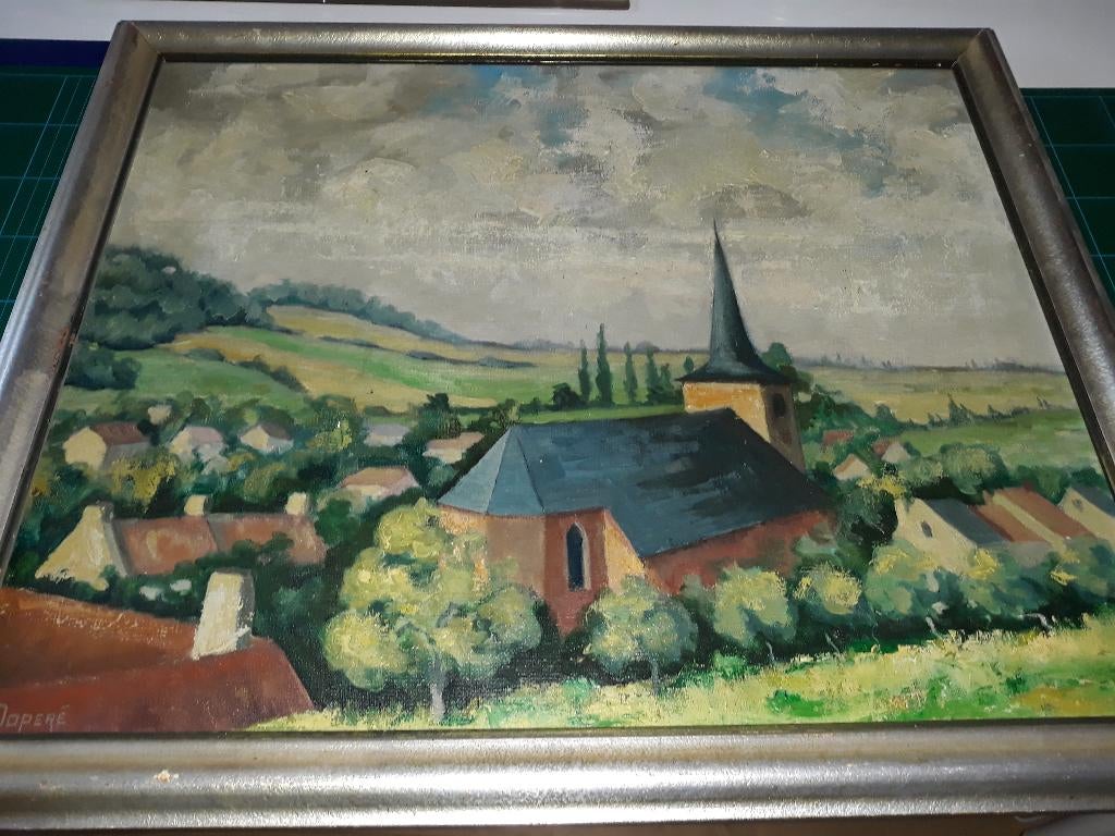 Peinture M.DOPERE . Clocher du village, Antiquités & Art, Enlèvement