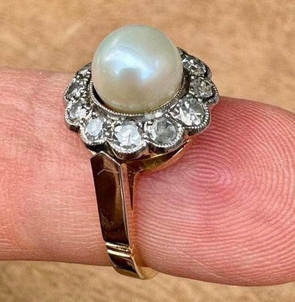 Ring 18 karaat goud met natuurlijke diamant 0.36ct en parel!, Bijoux, Sacs & Beauté, Bagues, Enlèvement ou Envoi, Or, Plus petit que 17