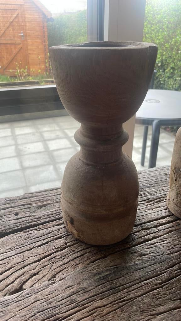 Houten vijzel kandelaar hoffz stijl nr 1, Ophalen of Verzenden, Zo goed als nieuw