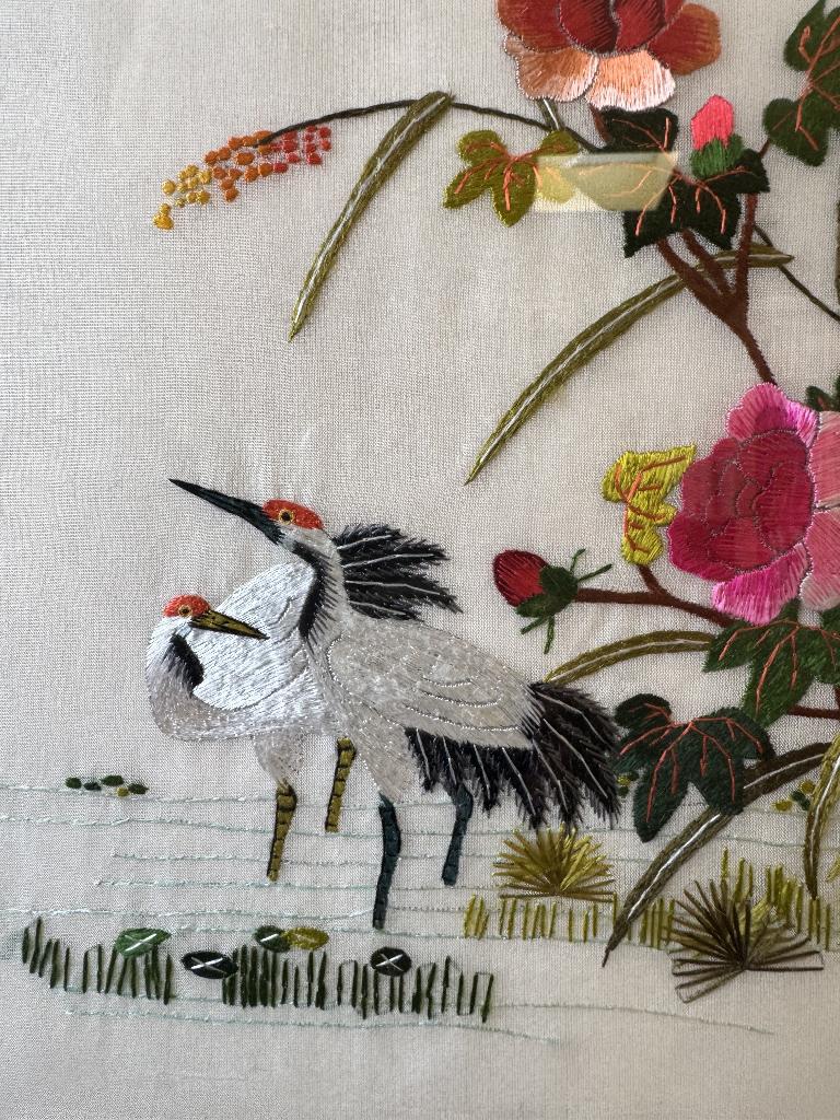 Cadre broderie asiatique ancienne - grues et fleurs, Enlèvement