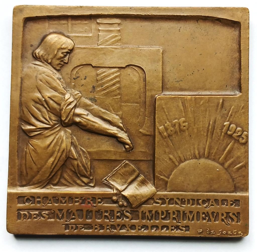 medaille 1875-1925 Syndicat drukkers voorzitters Brussel, Postzegels en Munten, Penningen en Medailles, Brons, Ophalen of Verzenden