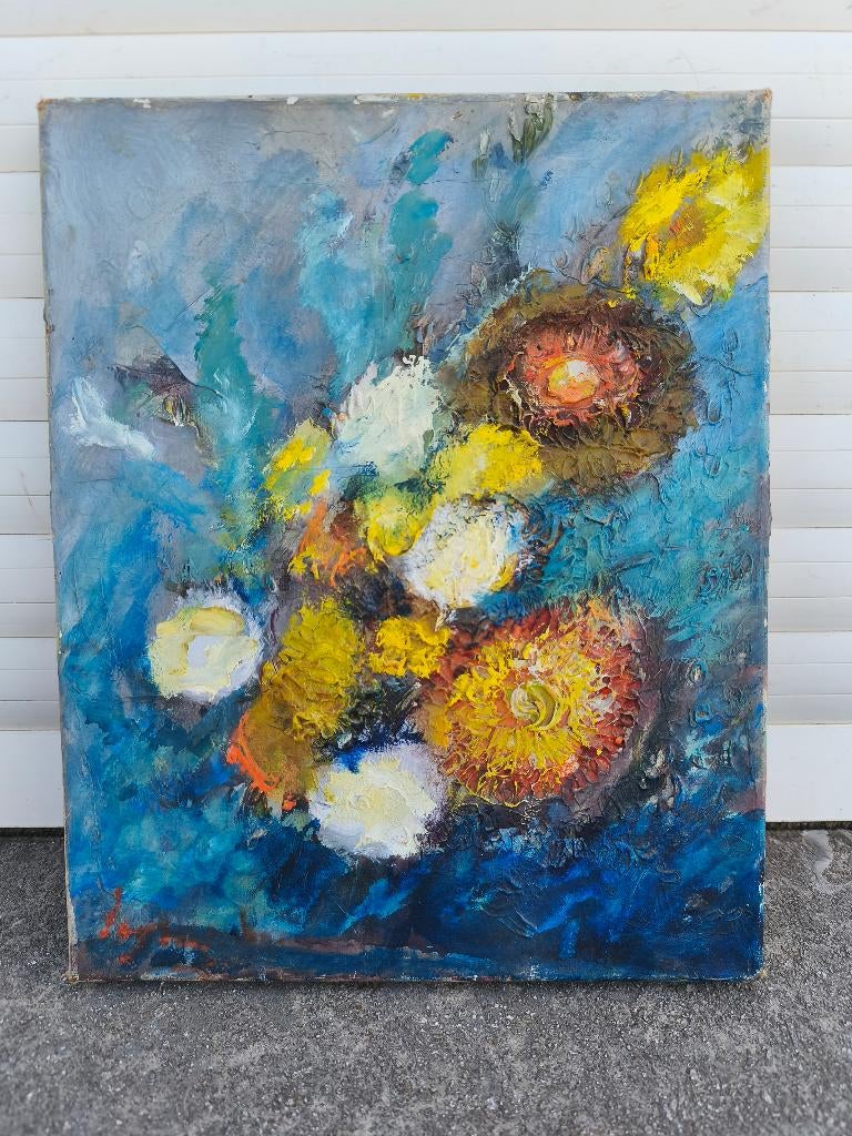 Huile sur toile fleurs signe jean legrand, Antiquités & Art, Enlèvement ou Envoi