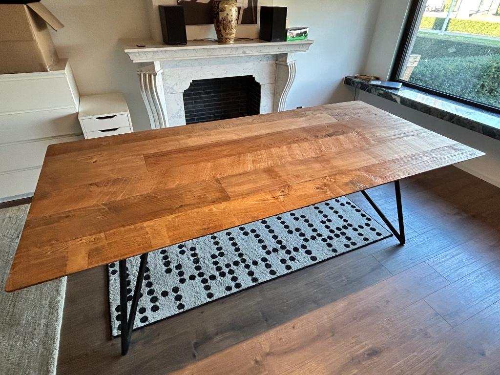 Eettafel onderstel in zwart metaal met rechthoekig blad teak, Huis en Inrichting, Tafels | Eettafels, Ophalen, Teakhout, 50 tot 100 cm