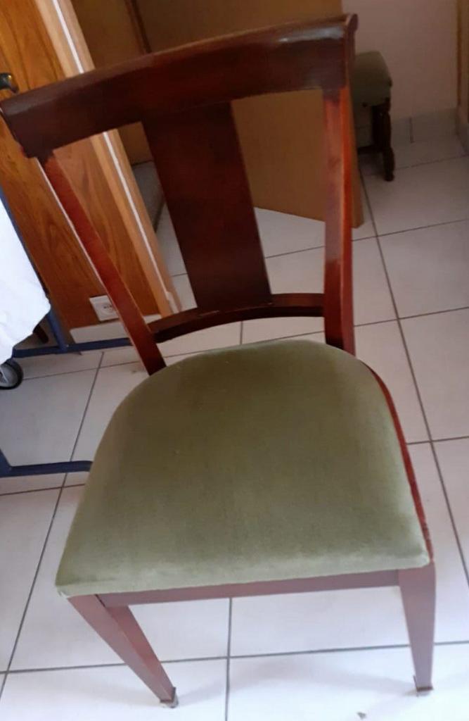 Chaises en acajou et velours vert + table à manger., Maison & Meubles, Comme neuf, Brun, Enlèvement, Cinq, Six Chaises ou plus