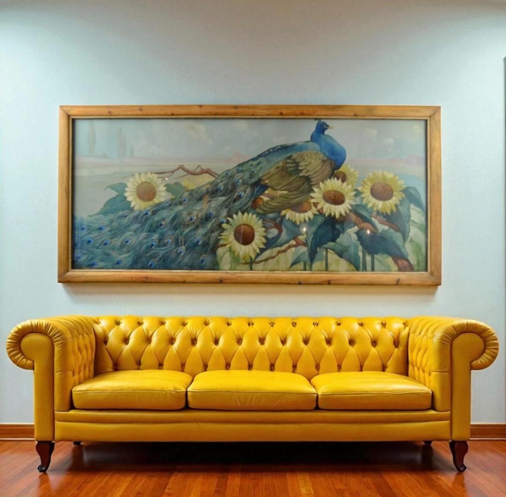 Aquarelle encadrée XL avec paon (215 cm de long ! !), Enlèvement