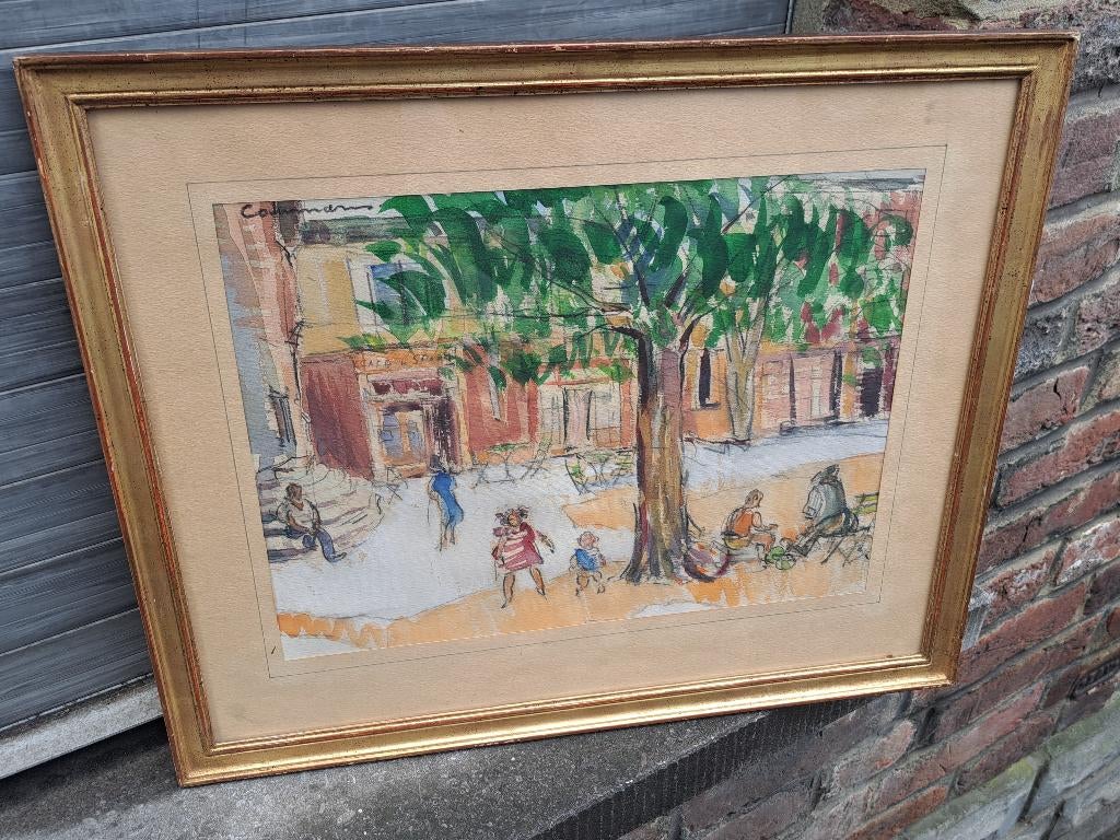 aquarelle place animee signe raymond coumans, Antiek en Kunst, Ophalen of Verzenden