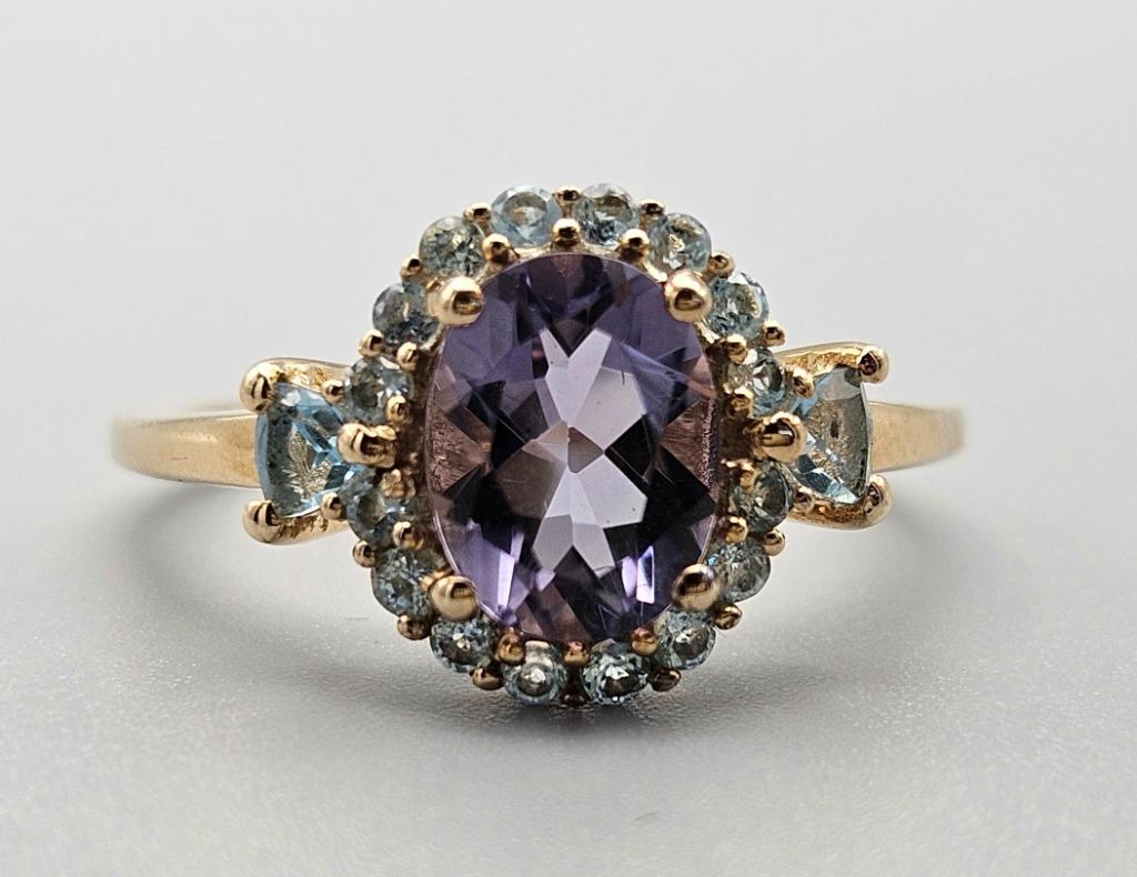 Bague vintage en or avec améthyste, aigue-marine et topaze., Bijoux, Sacs & Beauté, Enlèvement ou Envoi, Autres couleurs, Comme neuf