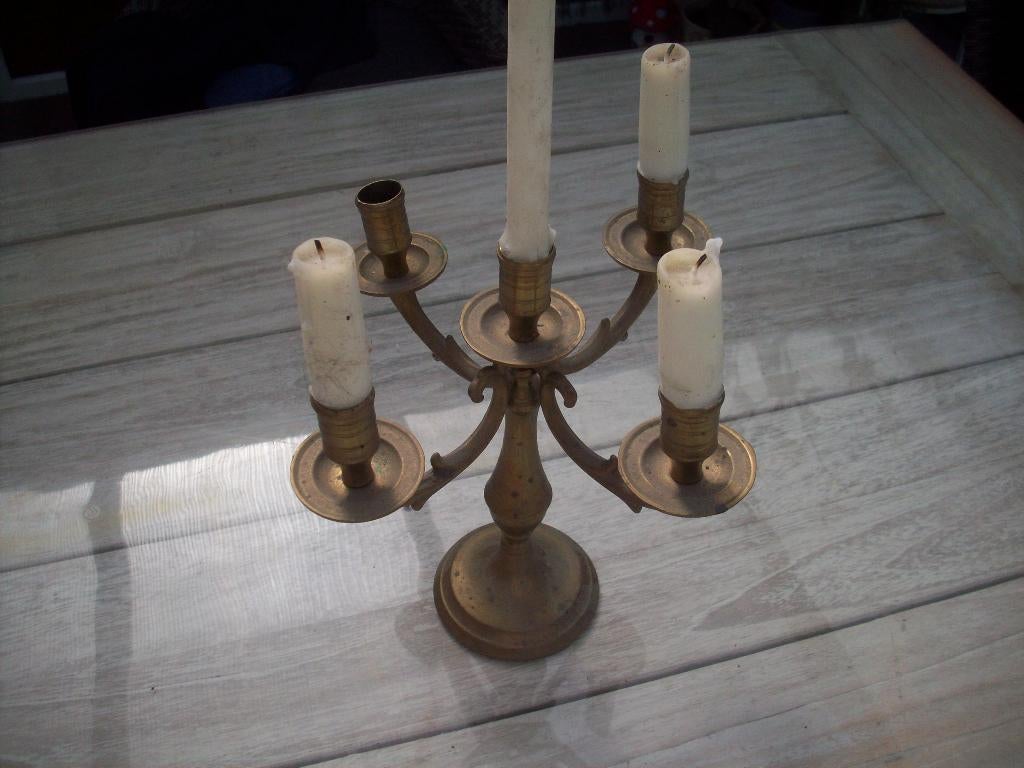 geel koper kandelaar met 5 armen., Antiek en Kunst, Ophalen of Verzenden, Koper