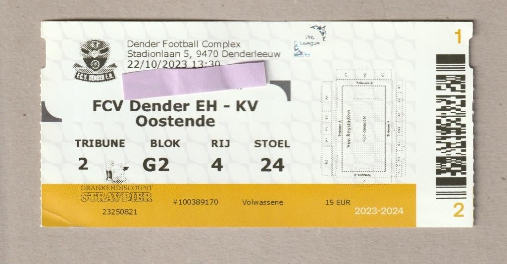 (gebruikt) ticket : FCV Dender EH - KV Oostende, 22/10/2023, Ophalen of Verzenden, Gebruikt, Overige typen