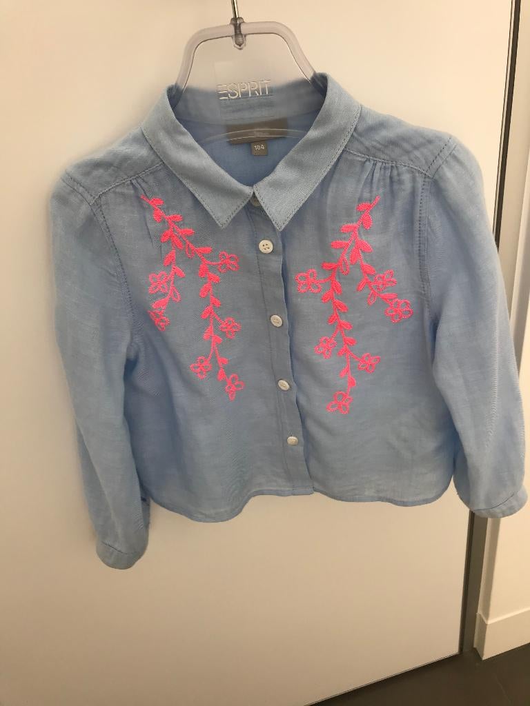 Blauw hemd met roze details maat 104, Kinderen en Baby's, Kinderkleding | Maat 104, Zo goed als nieuw, Meisje, Overhemd of Blouse
