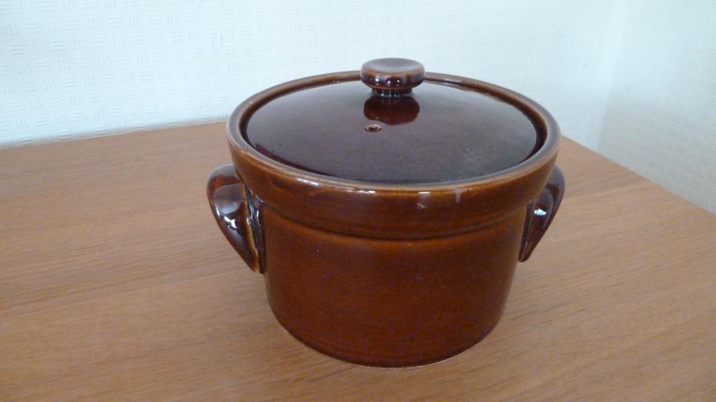 Bruine geëmailleerde aardewerken pot en deksel, Ophalen of Verzenden