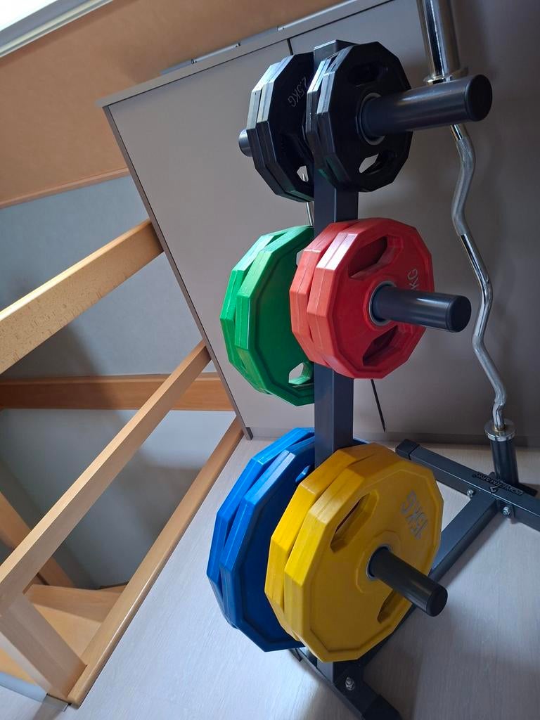 2 halters + gewichten + stand, Ophalen, Zo goed als nieuw