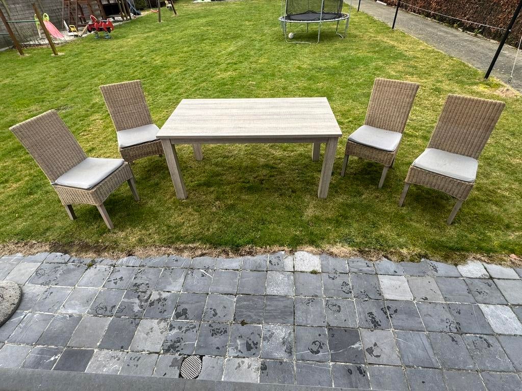 Tafel en 4 stoelen . ( 160 cm x 90 cm x 76 cm ), Tuin en Terras, Ophalen, Gebruikt, Eettafel, Overige materialen