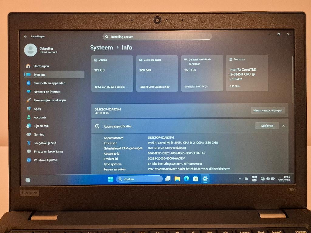 Lenovo Thinkpad L390 | i3 | 16GB RAM | 128GB SSD, Enlèvement ou Envoi, 13 pouces, Comme neuf, Gaming