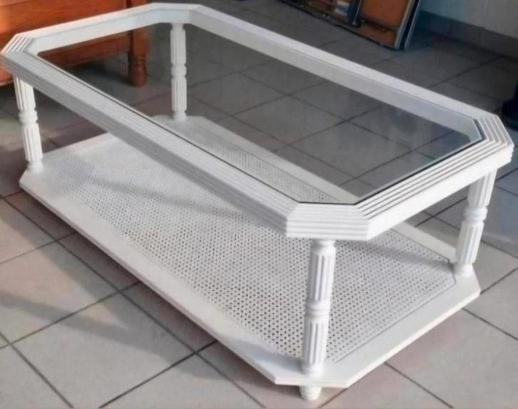 Table basse blanche, 130 cm x 70 cm, plateau en verre, Jardin & Terrasse, Enlèvement