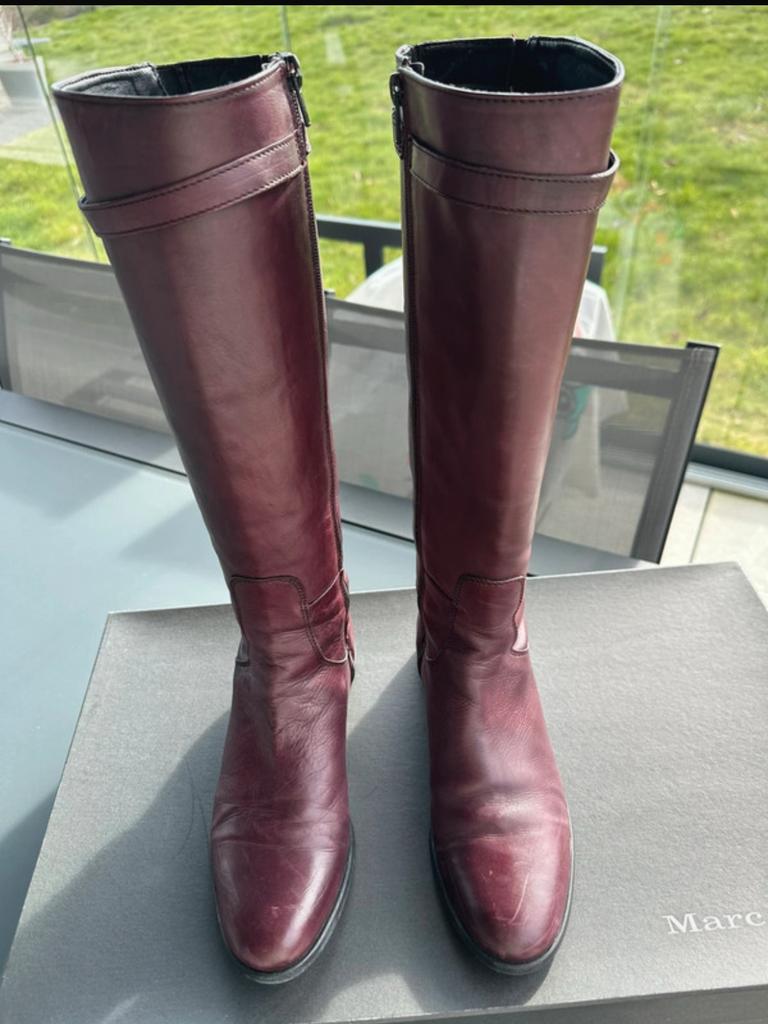 Bottes hautes taille 38 en cuir bordeaux, Enlèvement ou Envoi, Porté, Bottes hautes