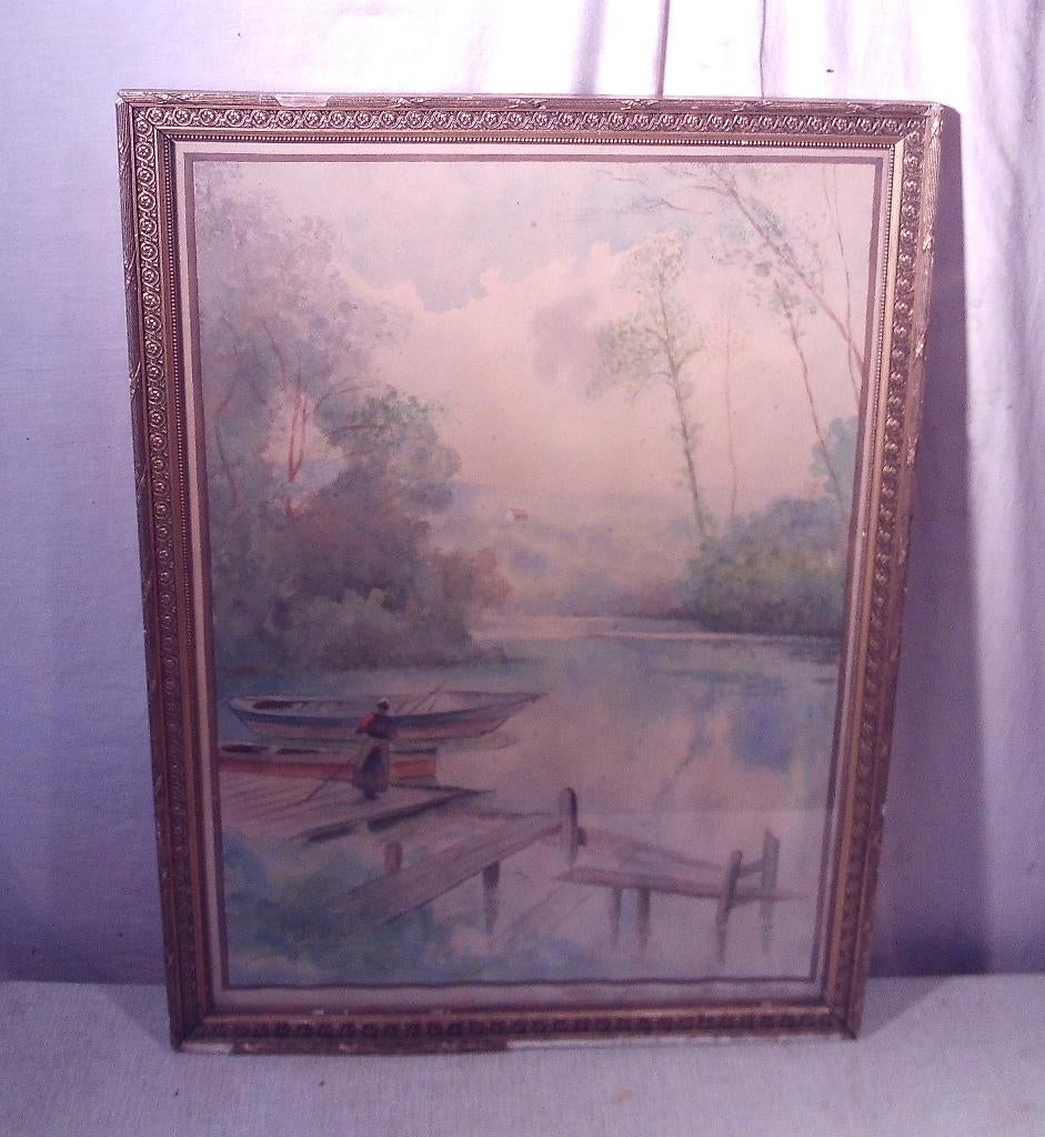 Mooi Oud Aquarel 'Vrouw aan de Steiger' - F Joseph, Enlèvement ou Envoi