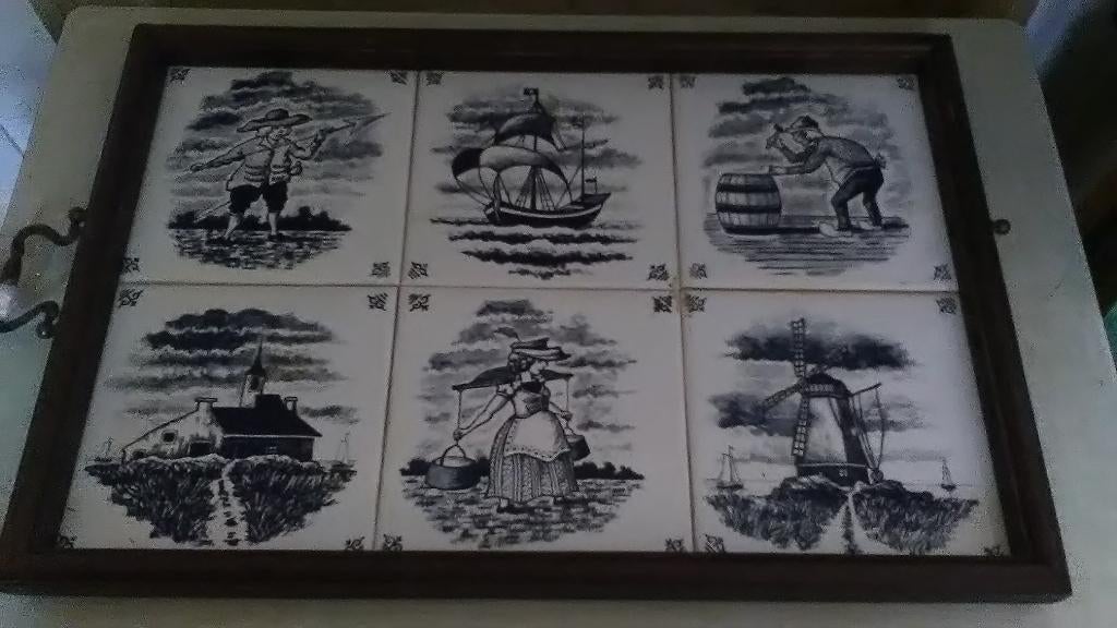 Plateau vintage — carrelage de Delft/bois/laiton, Enlèvement ou Envoi, Utilisé, Rectangulaire, Bois