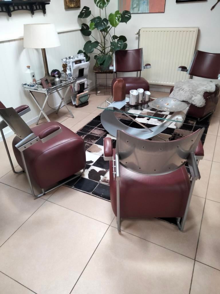 Harri Korhonen.4 design stoelen/zetels.Leder en staal., Maison & Meubles, Enlèvement, Comme neuf, Brun