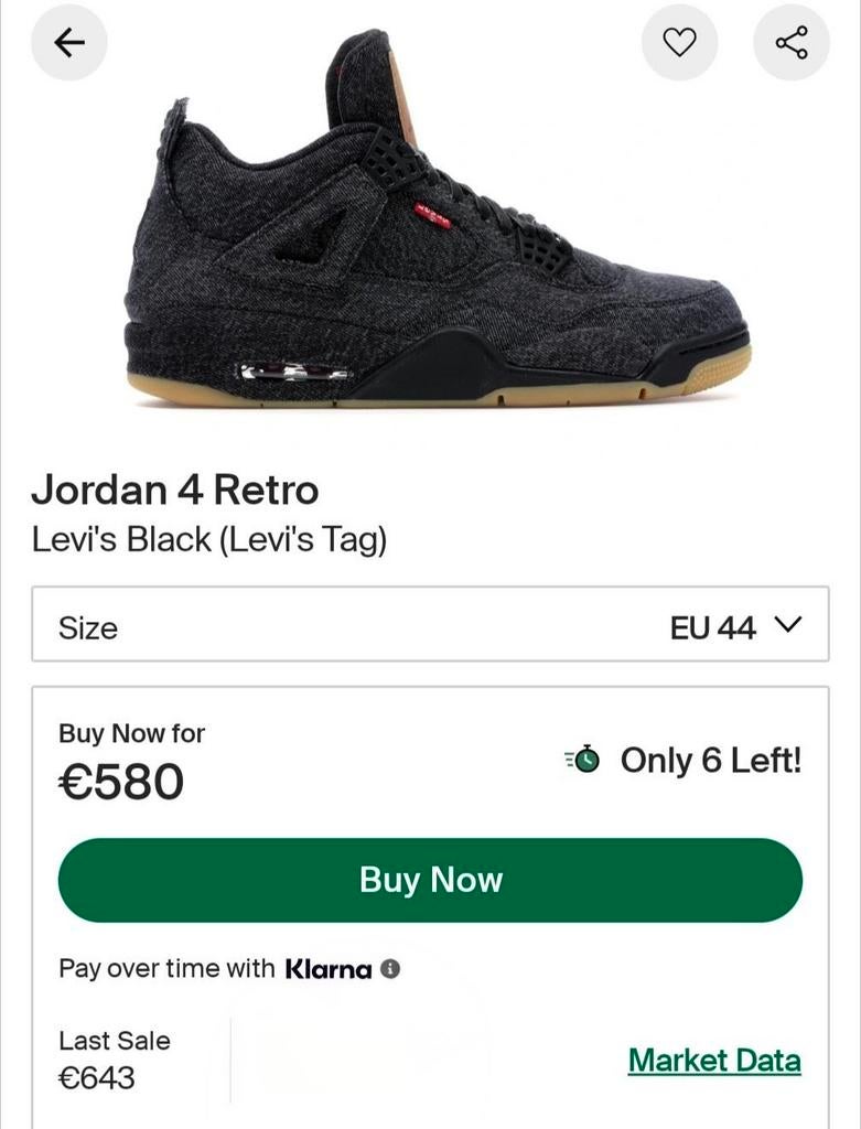EU44 Jordan 4 Levi's Black (2018) €580 op StockX ZELDZAAM, Kleding | Heren, Schoenen, Ophalen of Verzenden, Zo goed als nieuw