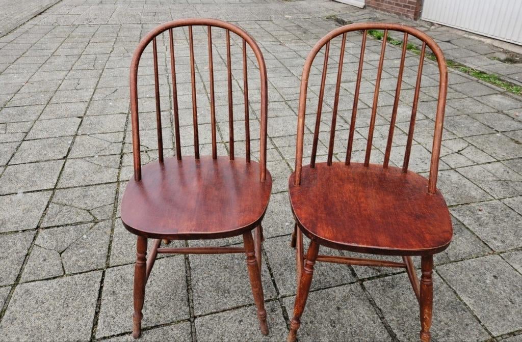 Set van 2 Windsor eetkamerstoelen - jaren '60, Huis en Inrichting, Stoelen, Ophalen of Verzenden, Gebruikt, Rood, Hout