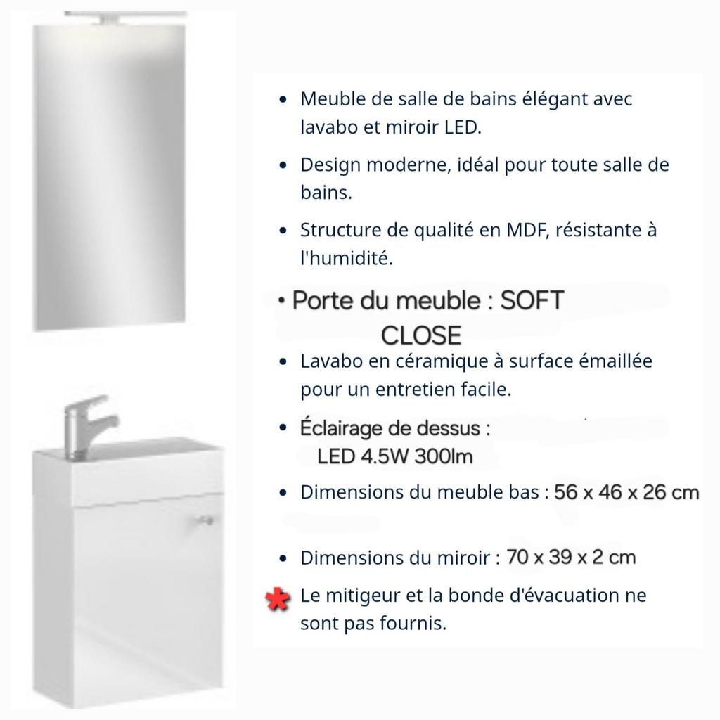 Meuble salle de bain 46cm miroir et led, Electroménager, Congélateurs, Enlèvement, Comme neuf