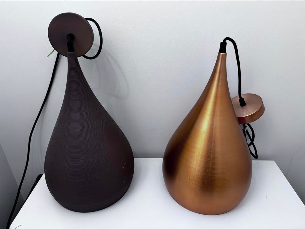 Koperen en bruine designlampen — E27-ophanging, Huis en Inrichting, Ophalen of Verzenden, Zo goed als nieuw, Goutte d'eau, Metaal