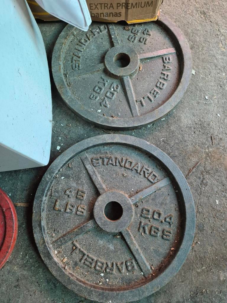 Vintage halterschijven met halterstang, standaard en andere, Sport en Fitness, Ophalen