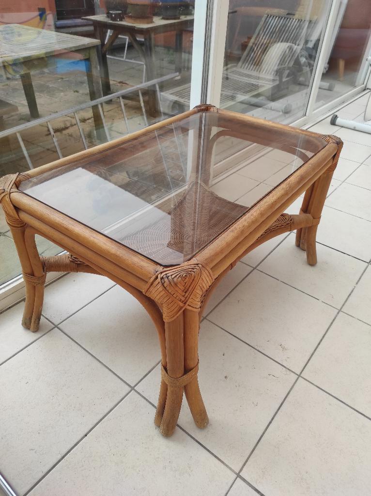 Salontafel rotan en glas, Huis en Inrichting, Ophalen, Gebruikt, Glas
