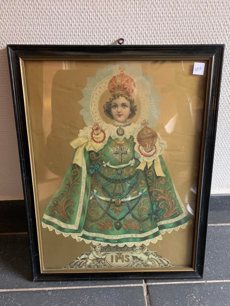 Kindje jezus van Praag 46x 35 cm zwarte kader, Antiek en Kunst, Ophalen of Verzenden