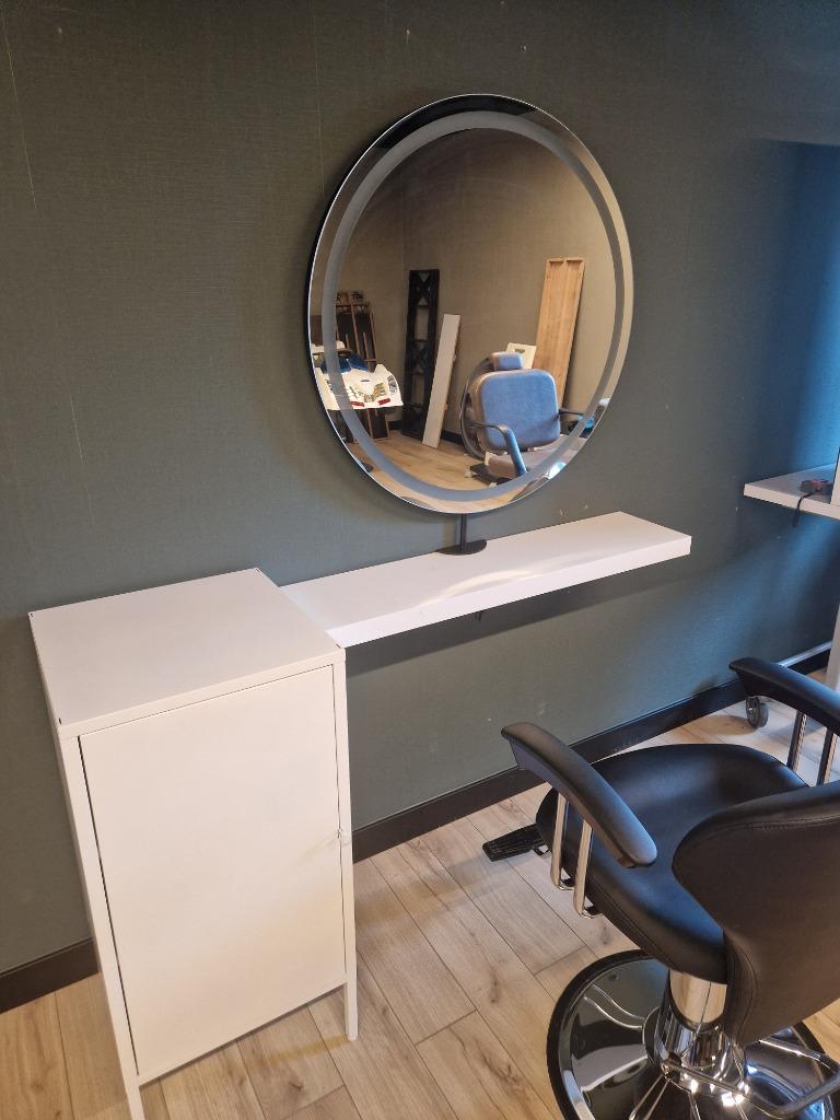 Kaptafel kapsalon ronde spiegel met metalen kast beautysalon, Ophalen of Verzenden, Zo goed als nieuw, Kaptafel