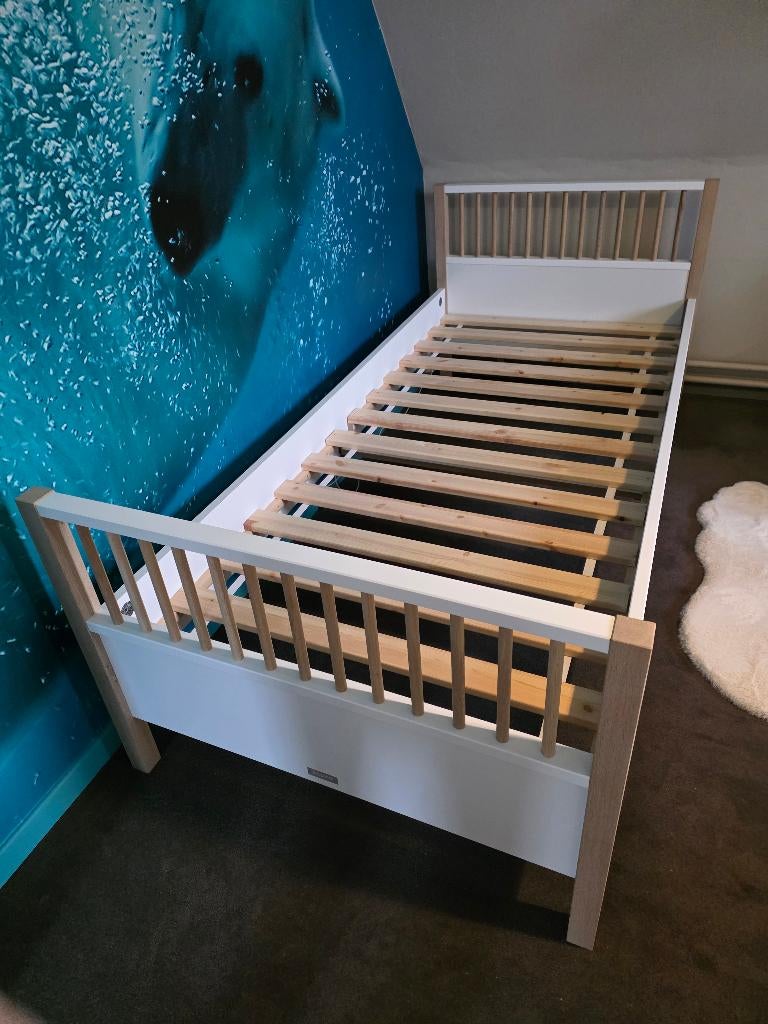 Bed Bopita Mika 90x200 wit/eiken, Ophalen, 90 cm, Eenpersoons, Wit