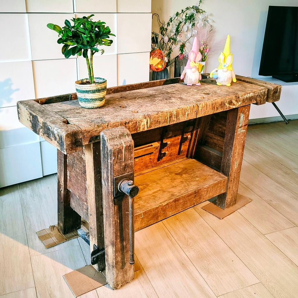 Authentieke beuken werkbank – 2 bankschroeven – 150 cm, Doe-het-zelf en Bouw, Werkbanken, Gebruikt, 120 tot 170 cm, Bankschroef