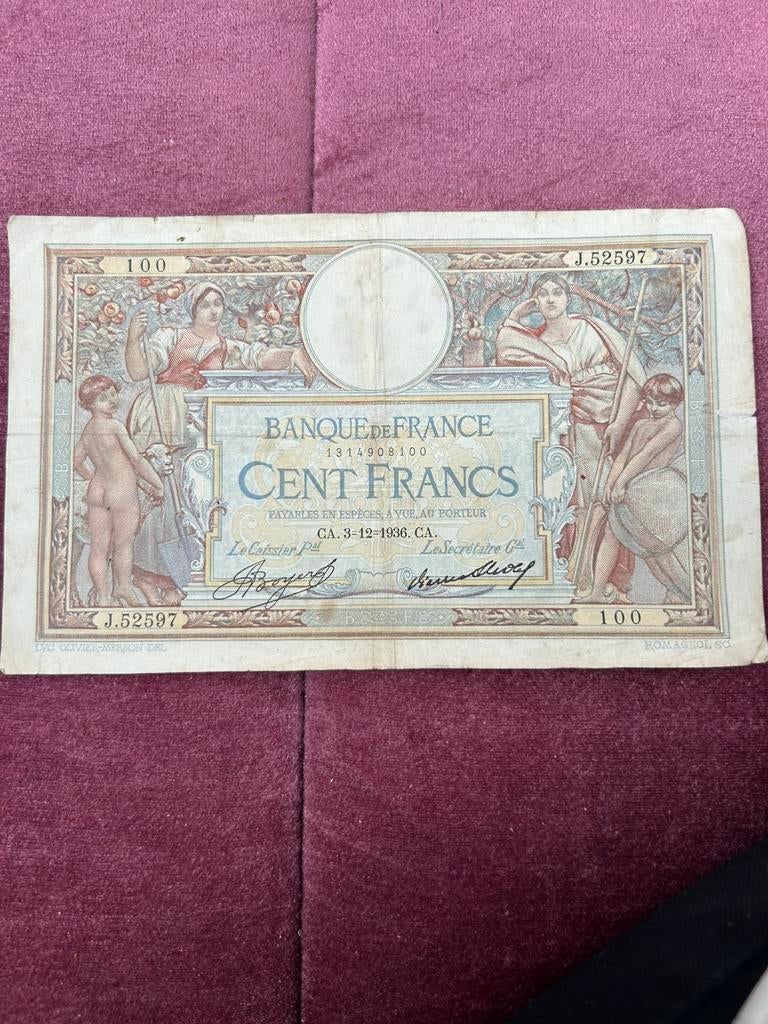 Bankbiljet van 100 frank uit frankrijk 1936, Postzegels en Munten, Ophalen