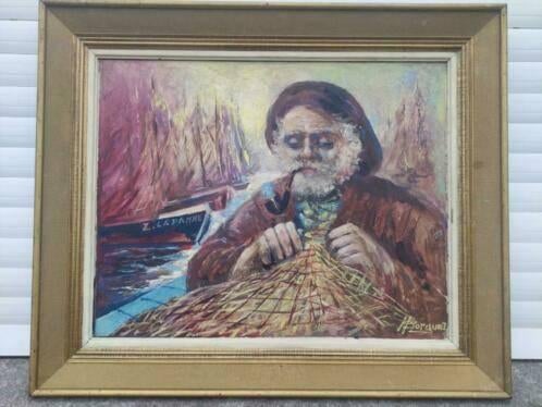 huile sur panneau pecheur signe hubert borguet, Antiquités & Art, Enlèvement ou Envoi