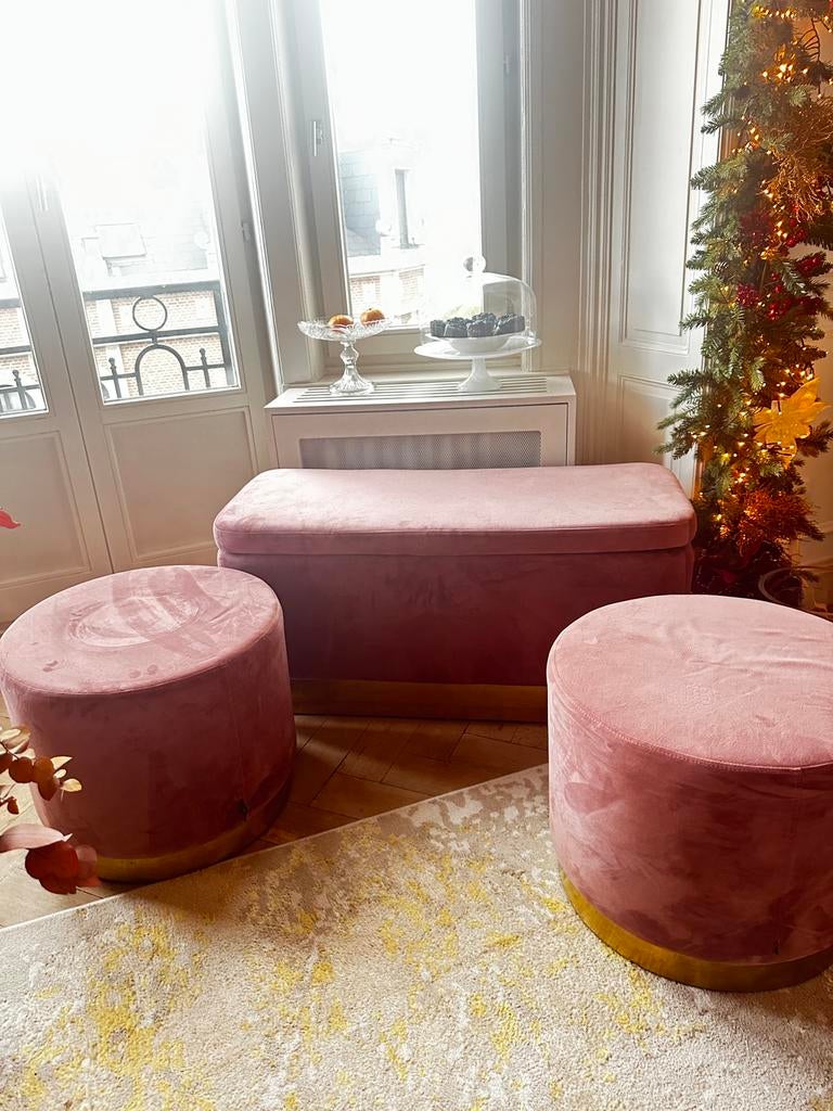 Roze velvet poef set met bijpassend bankje, Ophalen, Gebruikt
