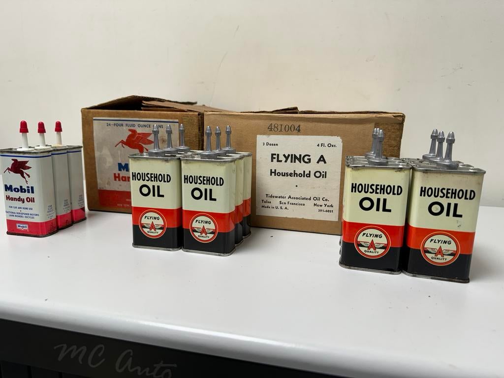 Flying A & Mobil oil Handy oils NOS ️, Ophalen of Verzenden, Gebruikt, Verpakking