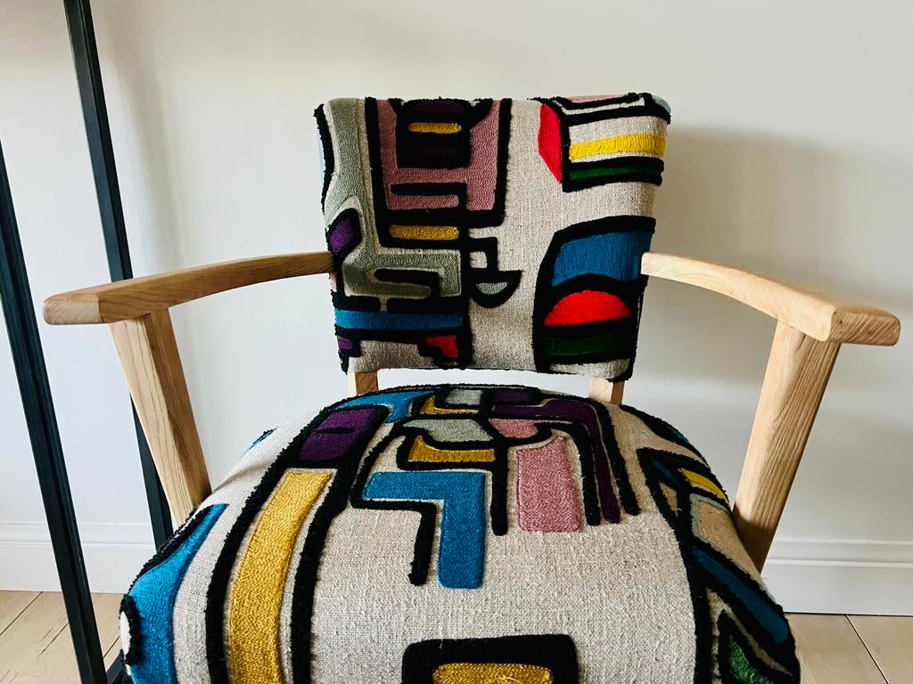 Chaise vintage avec nouveau tissu Pierre Frey, Maison & Meubles, Enlèvement, Comme neuf, Bois