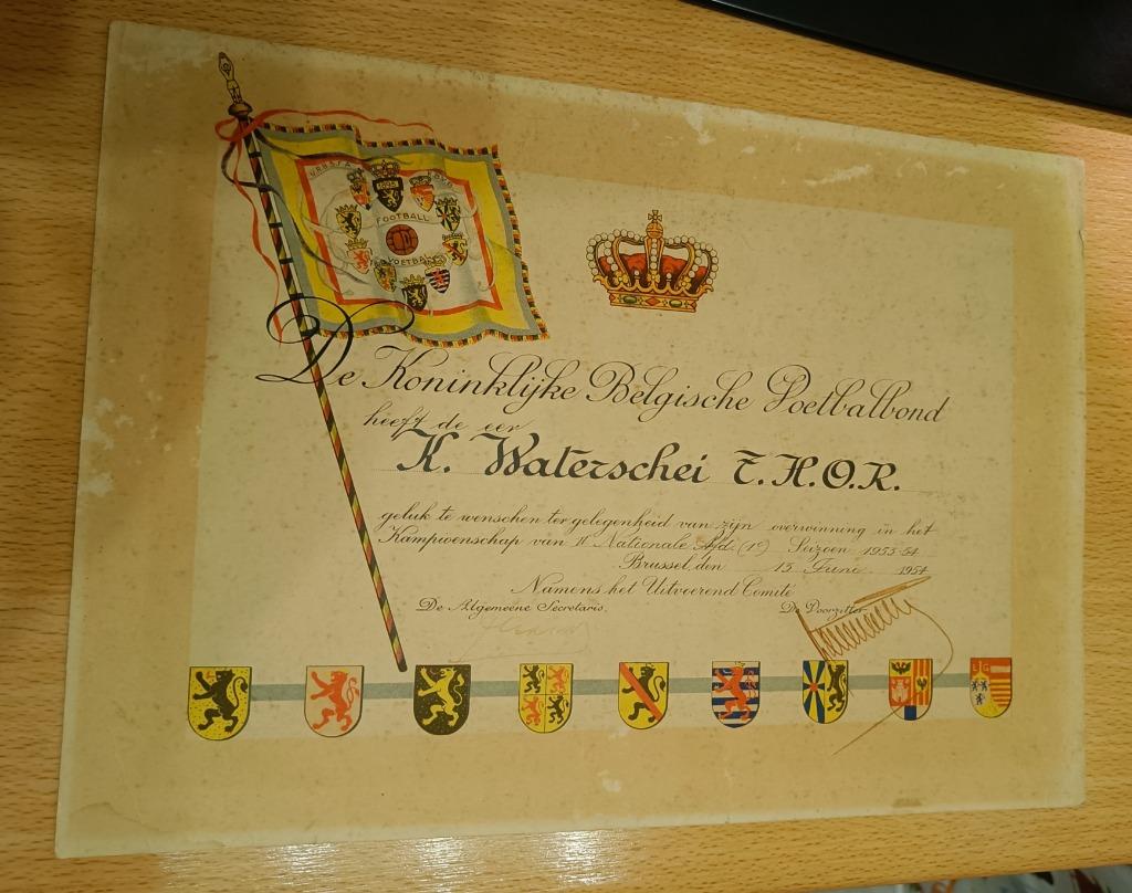 Oorkonde Kbvb Thor Waterschei 1954, Verzamelen, Ophalen of Verzenden