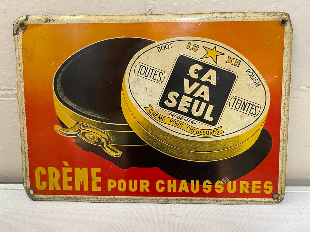 Ca va seul blikken bord oranje/rood jaren 40 (35 op 24,5), Verzamelen, Merken en Reclamevoorwerpen, Ophalen of Verzenden, Zo goed als nieuw