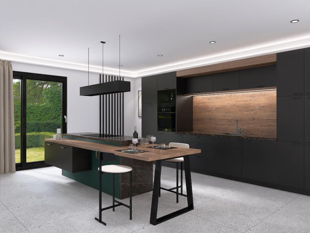 Meubles de cuisine vert et noir mat, Maison & Meubles, Cuisine | Cuisines complètes, Neuf, Autres types, Noir, Bois, Avec îlot