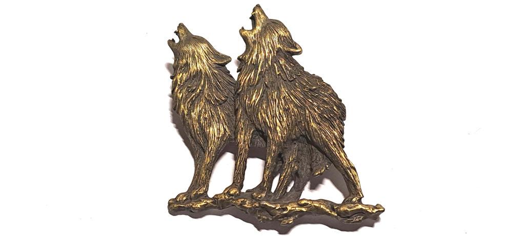 Bronzen broche Huilende Wolven - Janette Jewelry, Handtassen en Accessoires, Broches, Brons, 4 tot 7 cm, Geel, Nieuw