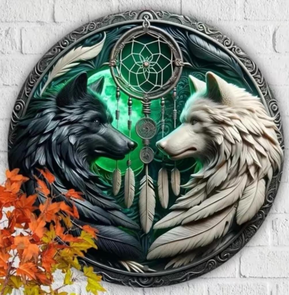 Vintage rond metalen bord Wolven dromenvanger (20cm), Huis en Inrichting, Woonaccessoires | Wanddecoraties, Ophalen of Verzenden