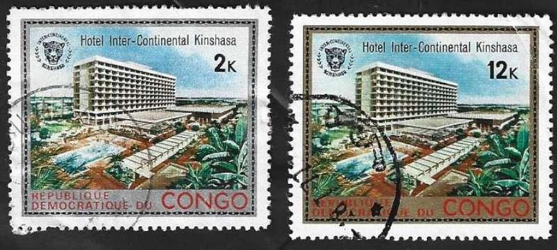 2 Postzegels Congo-Kinshasa 1971 Hotel Inter-Continental, Ophalen of Verzenden, Gestempeld, Plaats of Gebouw