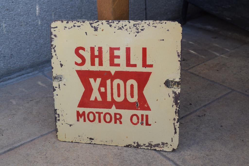 ancienne plaque shell présentoir bidon huile conique, Collections, Marques & Objets publicitaires, Enlèvement ou Envoi, Utilisé