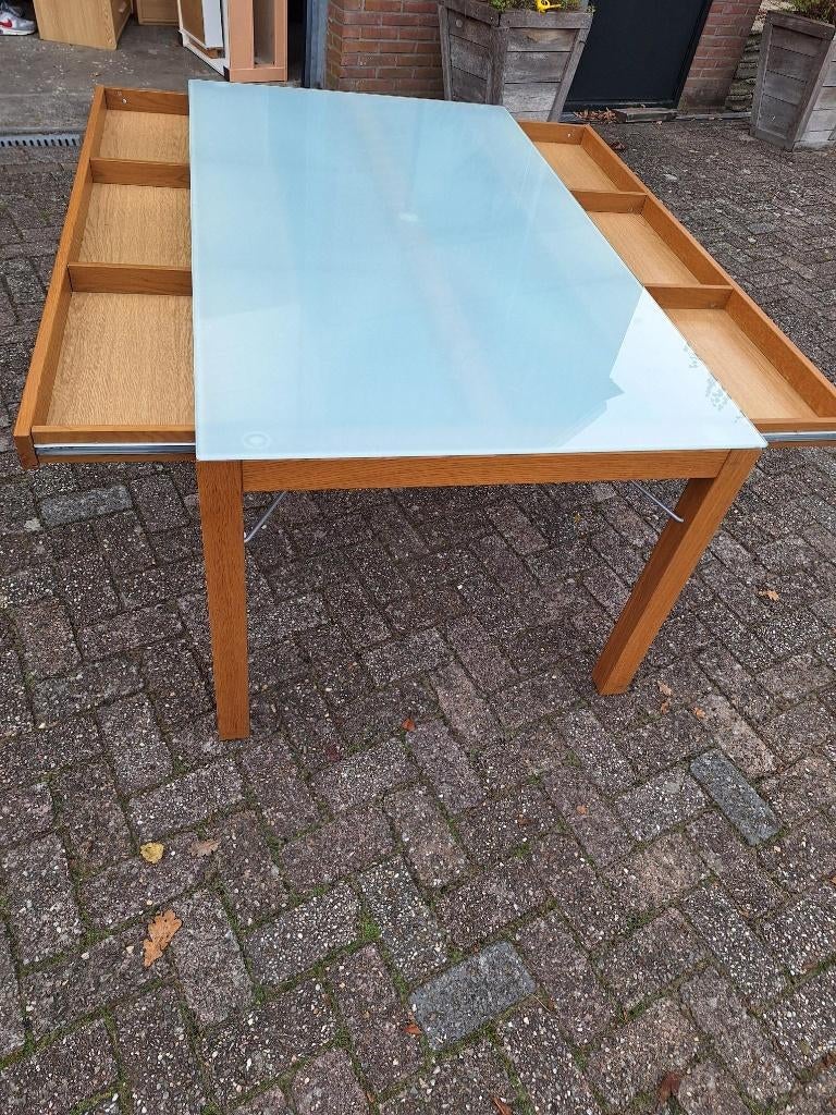 Table à manger cerisier avec verre à lait 2 tiroirs cachés, Maison & Meubles, Chêne, Quatre personnes, 150 à 200 cm, Enlèvement ou Envoi