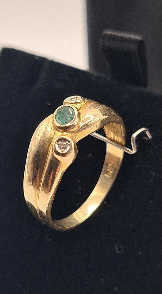 14k gouden ring met natuurlijke smaragd en diamanten, Handtassen en Accessoires, Ringen, Verzenden